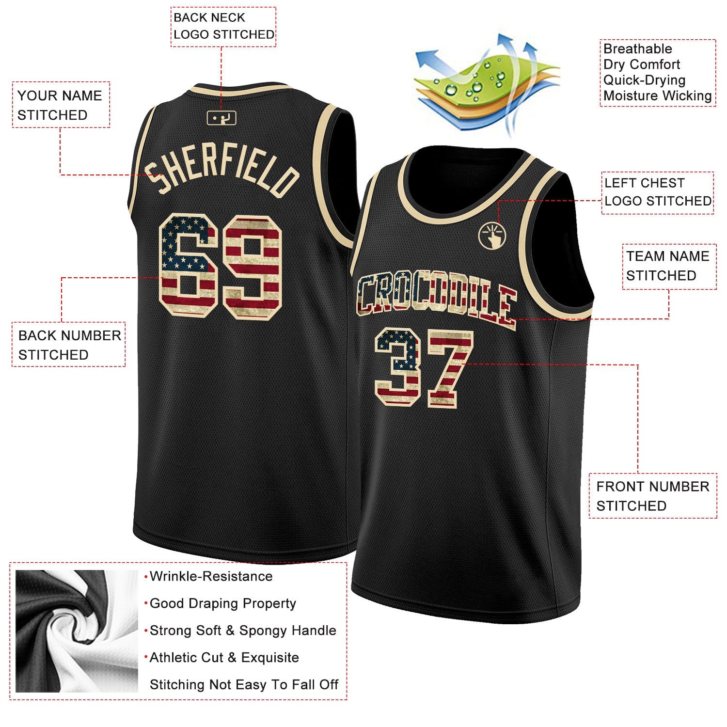 Custom Black Vintage USA Flag-Cream Authentic Basketball Jersey view 2
