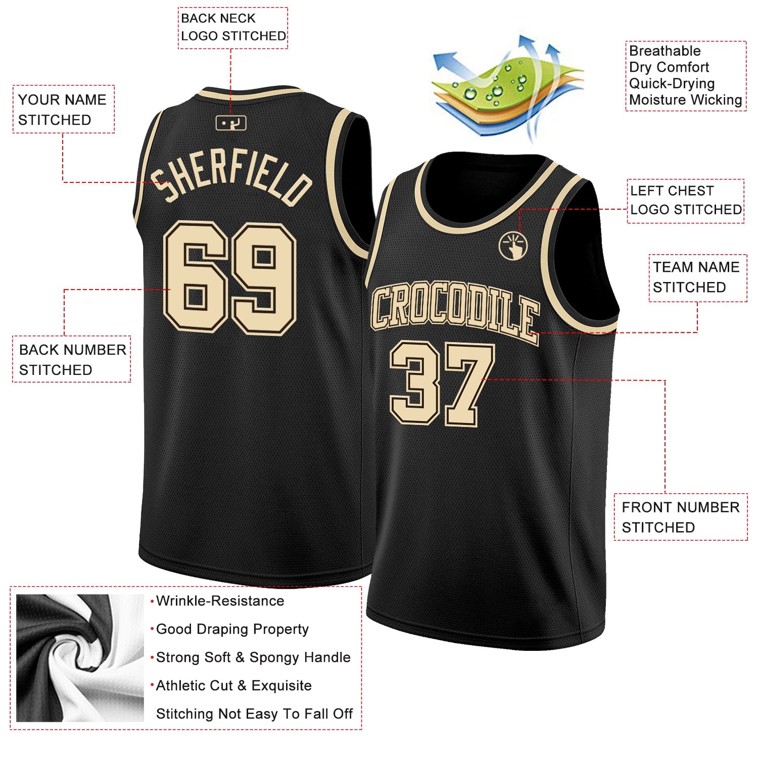Custom Black Cream Authentic Basketball Jersey view 2