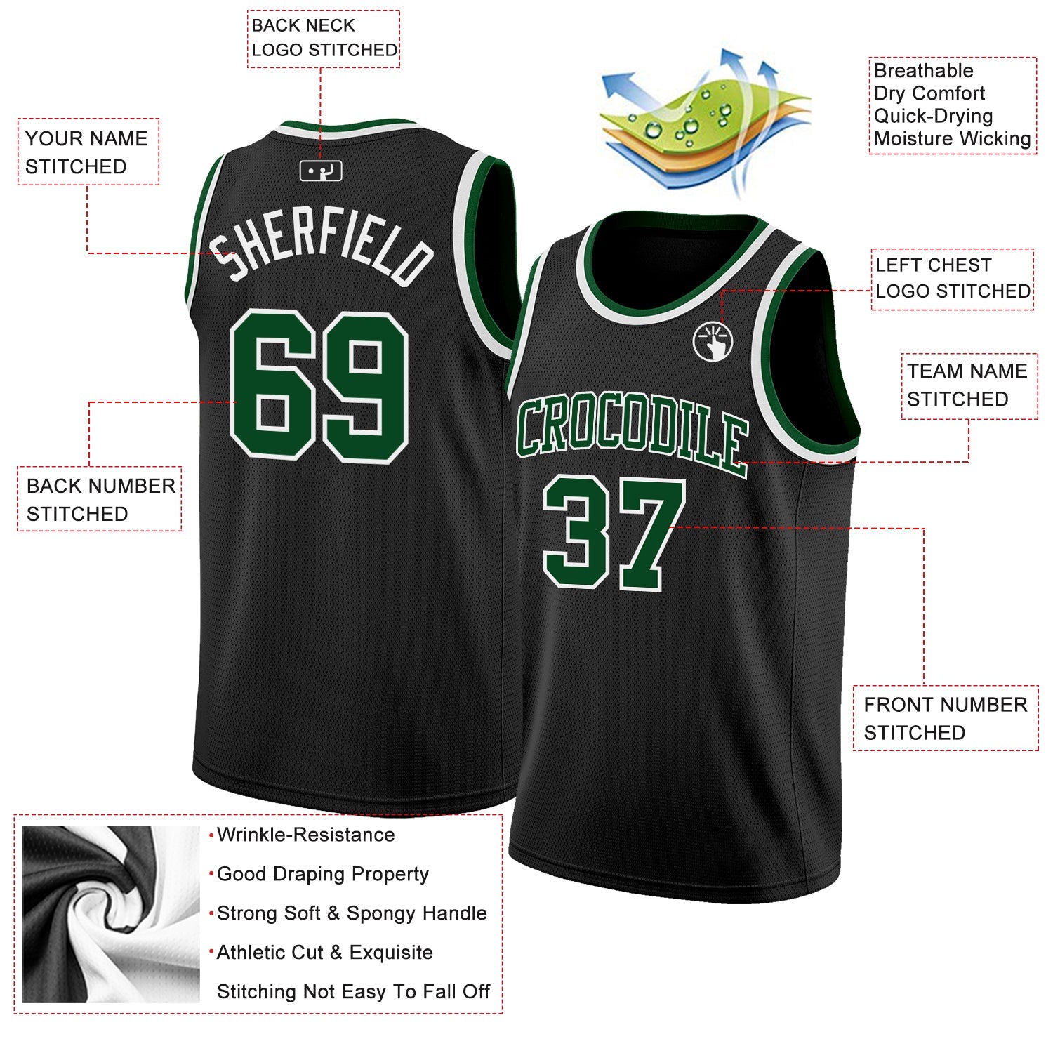 Custom Black Green-White Authentic Basketball Jersey view 2