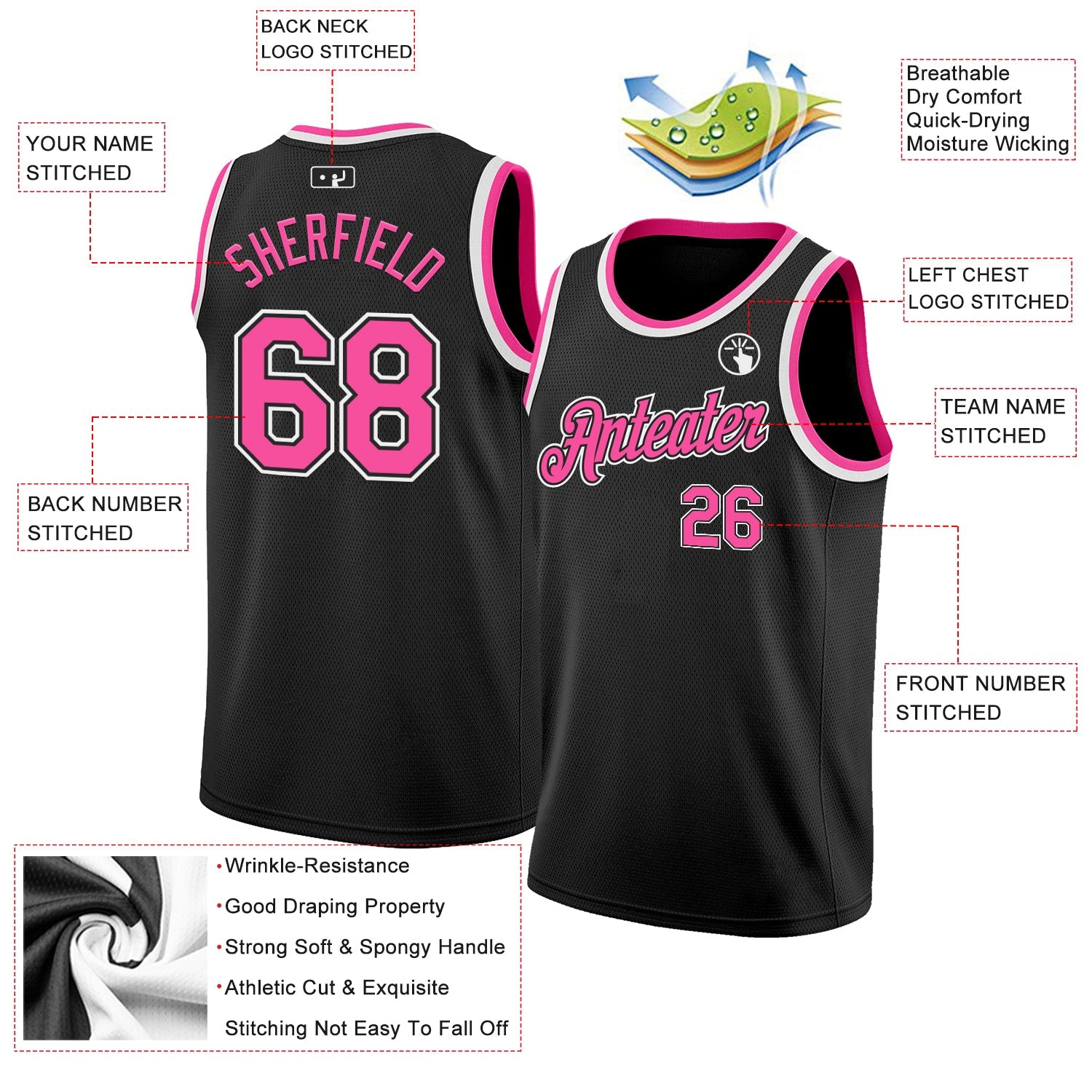 Custom Black Pink-White Authentic Basketball Jersey view 2