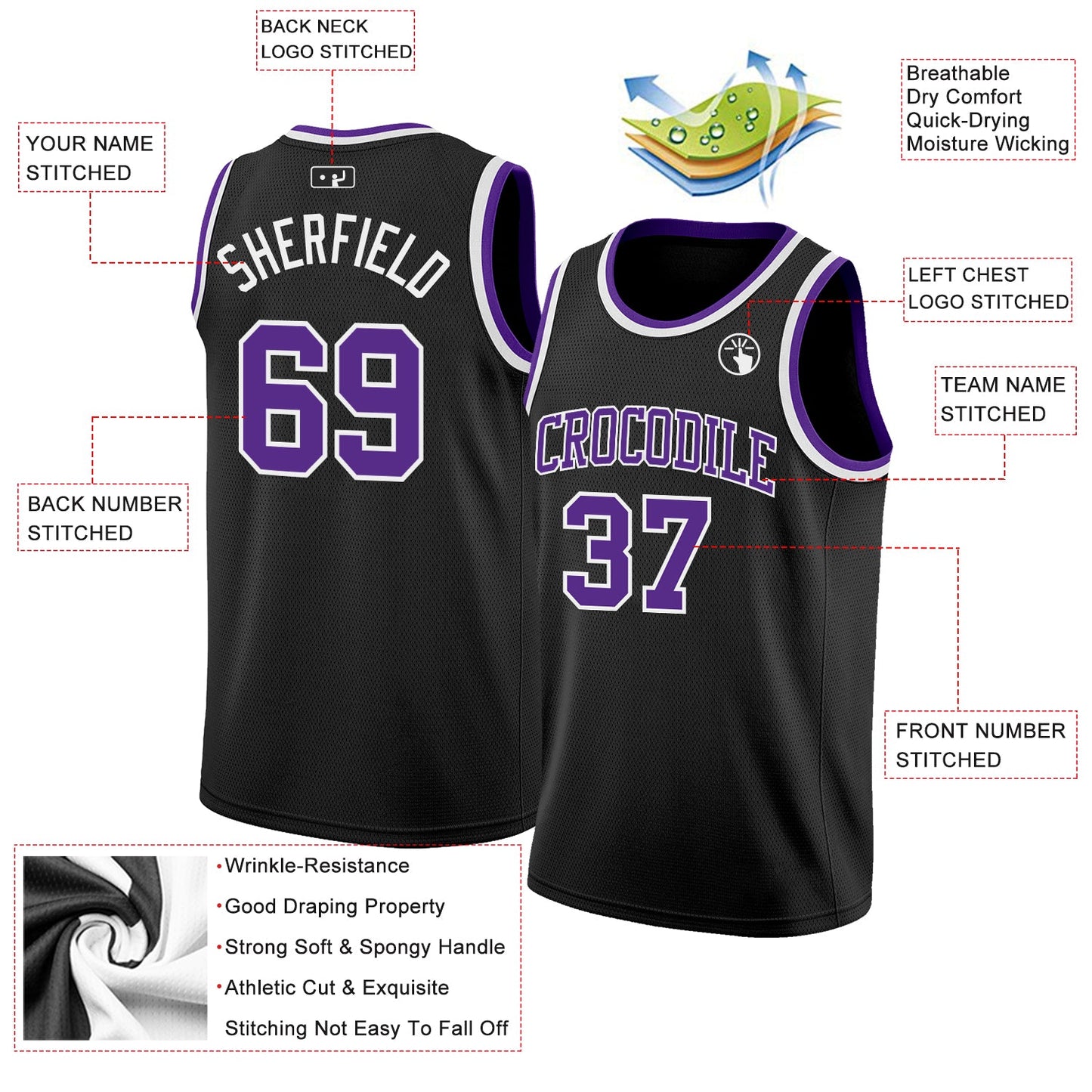 Custom Black Purple-White Authentic Basketball Jersey view 2