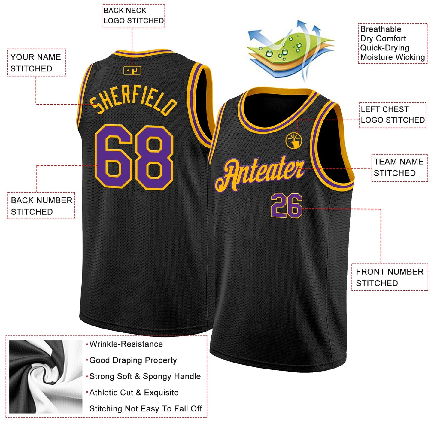 Custom Black Purple-Gold Authentic Basketball Jersey view 2