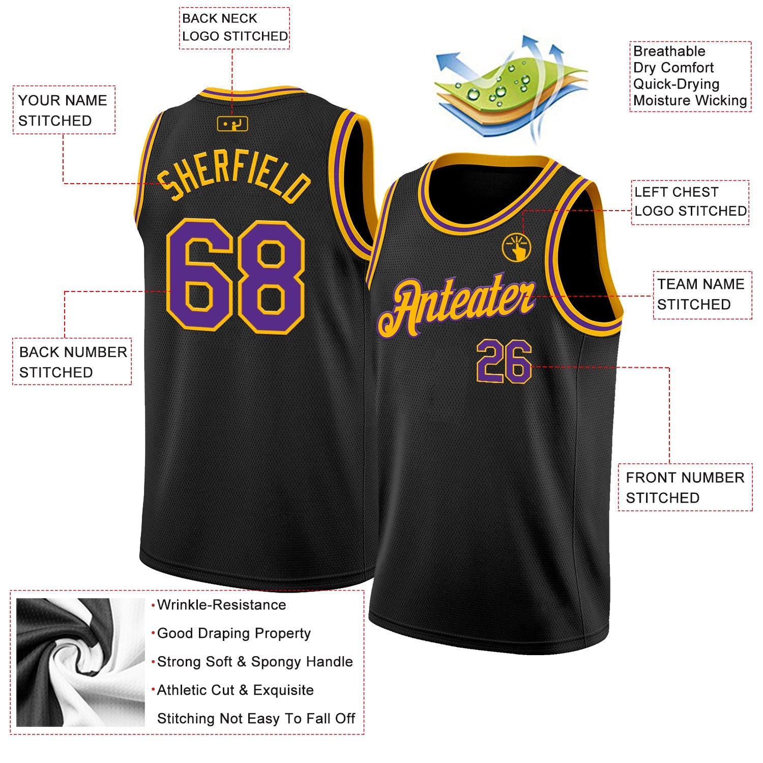 Custom Black Purple-Gold Authentic Basketball Jersey view 2