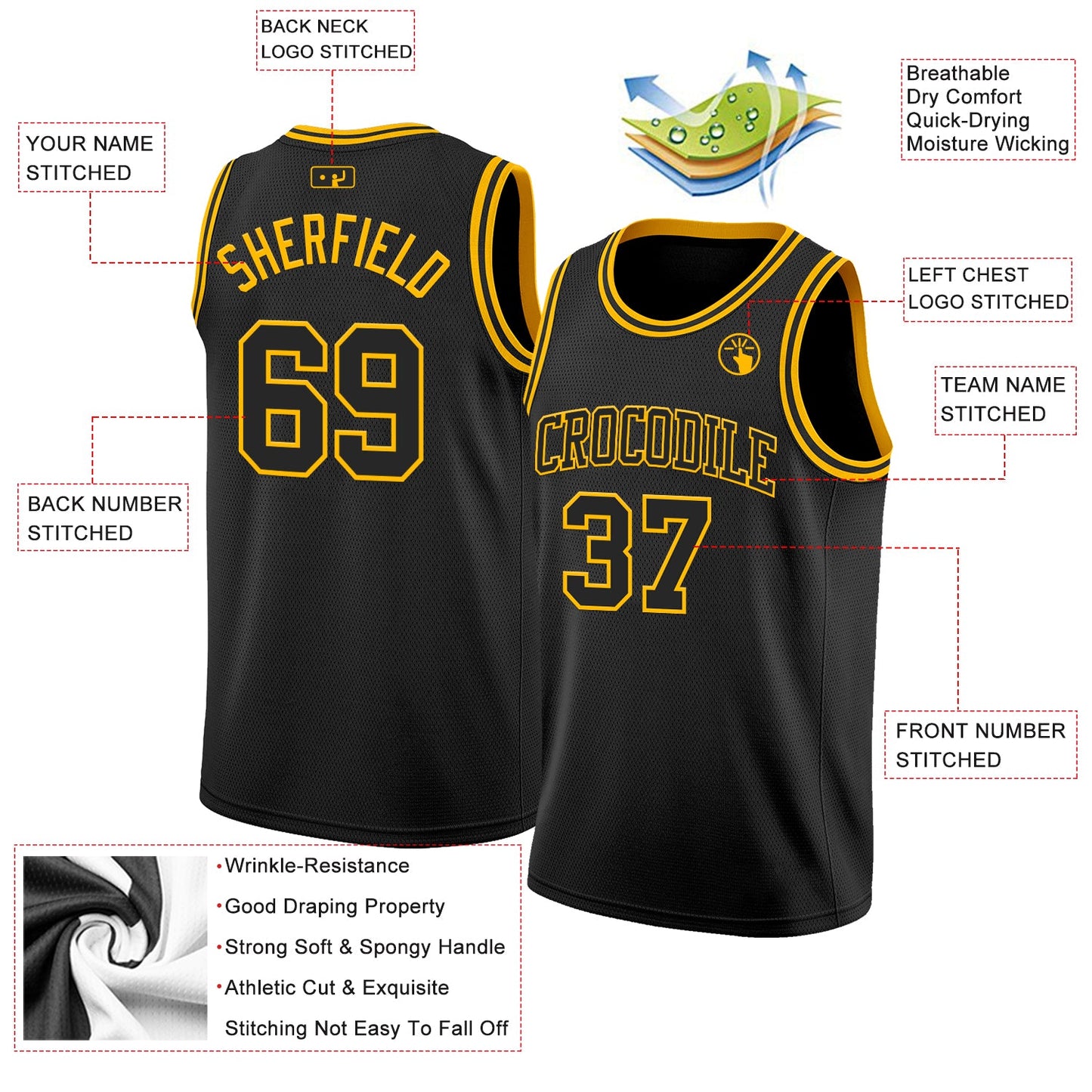 Custom Black Gold Authentic Basketball Jersey view 2