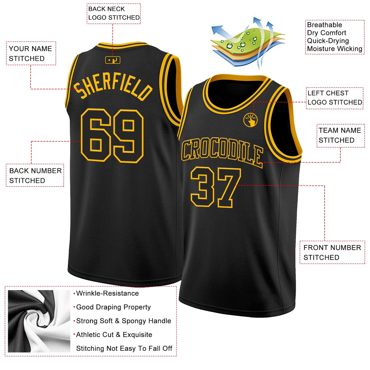 Custom Black Gold Authentic Basketball Jersey view 2