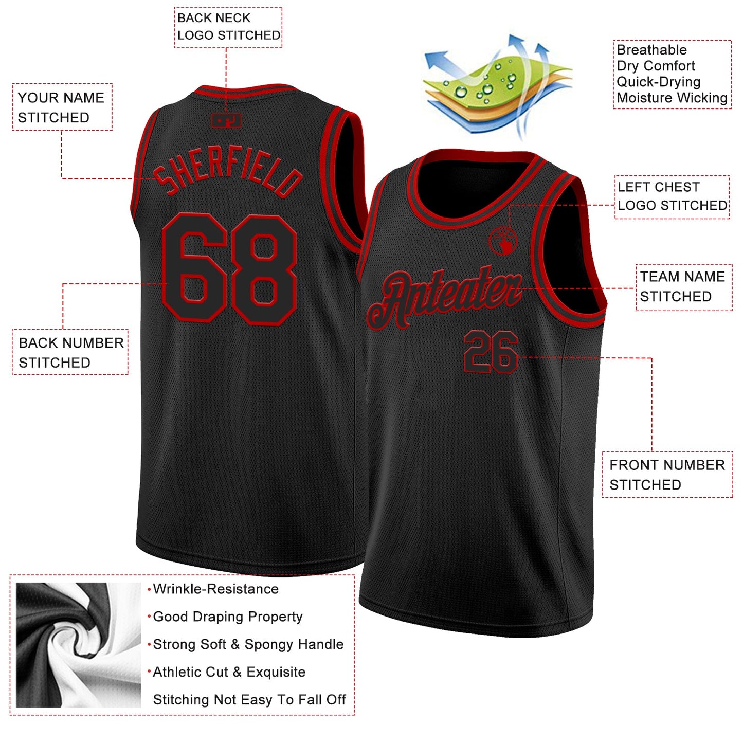 Custom Black Red Authentic Basketball Jersey view 2