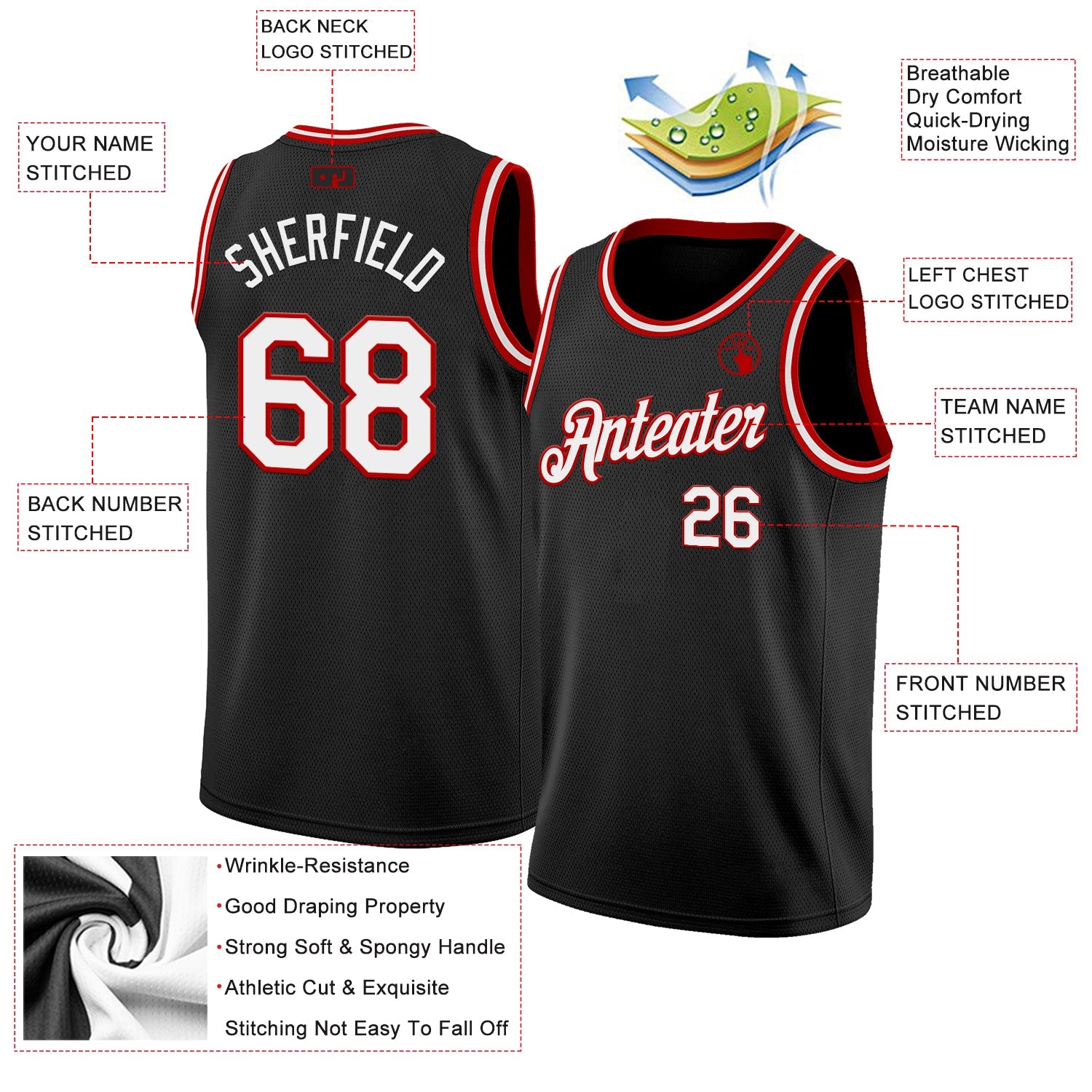 Custom Black White-Red Authentic Basketball Jersey view 2