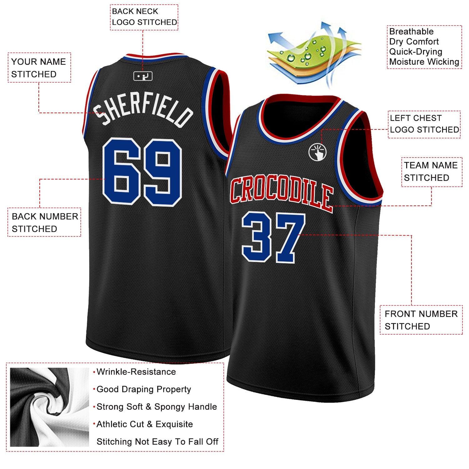 Custom Black Royal White-Red Authentic Basketball Jersey view 2