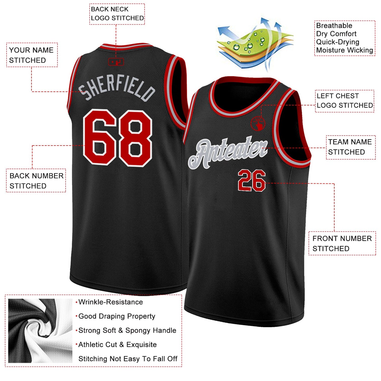 Custom Black Red White-Gray Authentic Basketball Jersey view 2