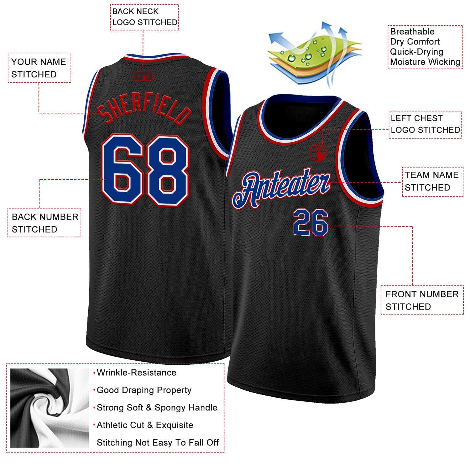 Custom Black Royal White-Red Authentic Basketball Jersey view 2