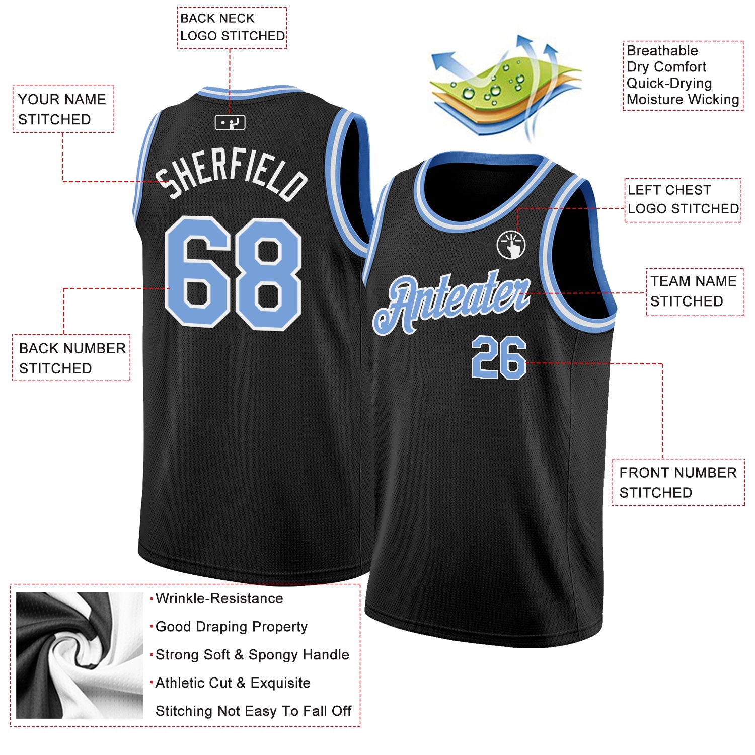 Custom Black Light Blue-White Authentic Basketball Jersey view 2