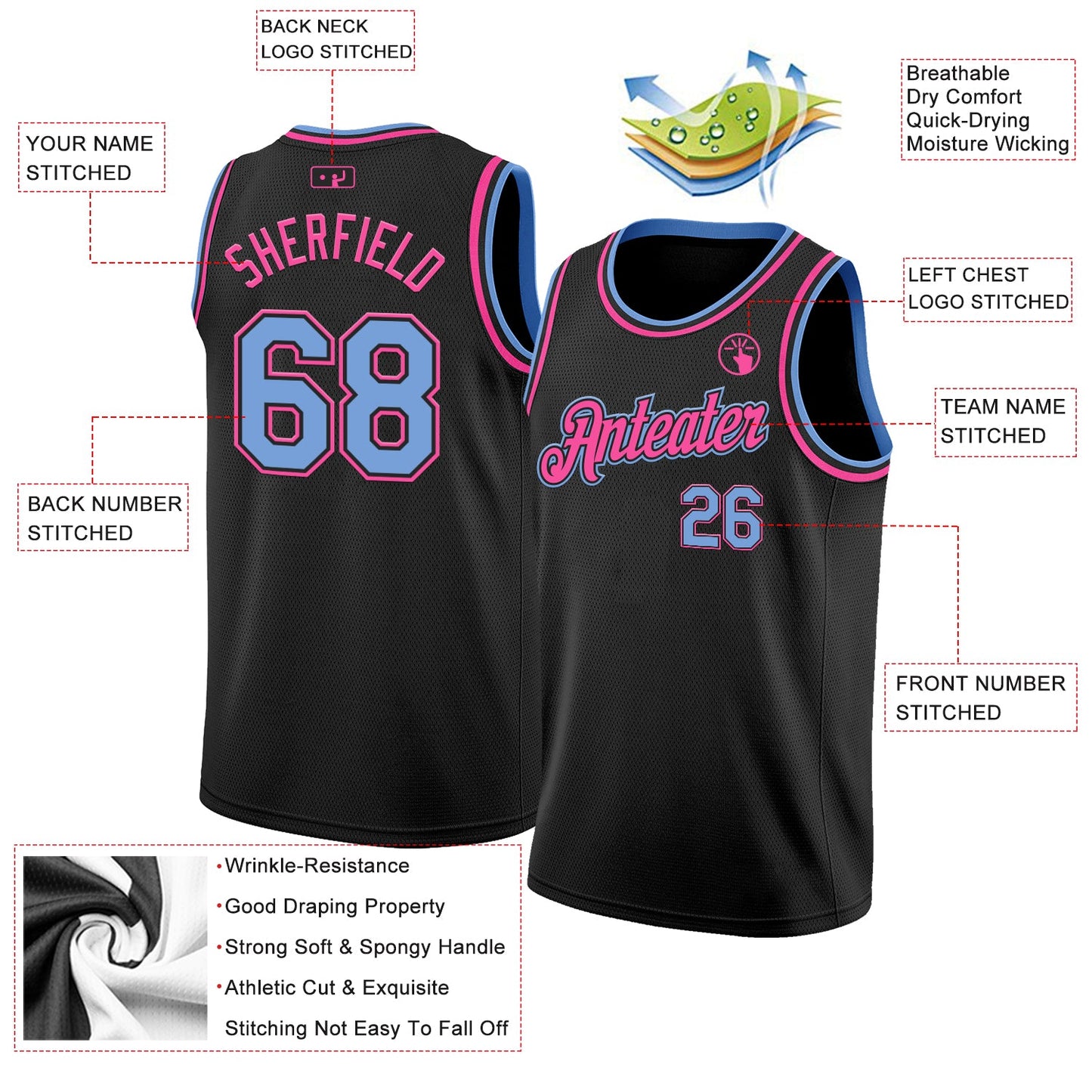 Custom Black Light Blue-Pink Authentic Basketball Jersey view 2