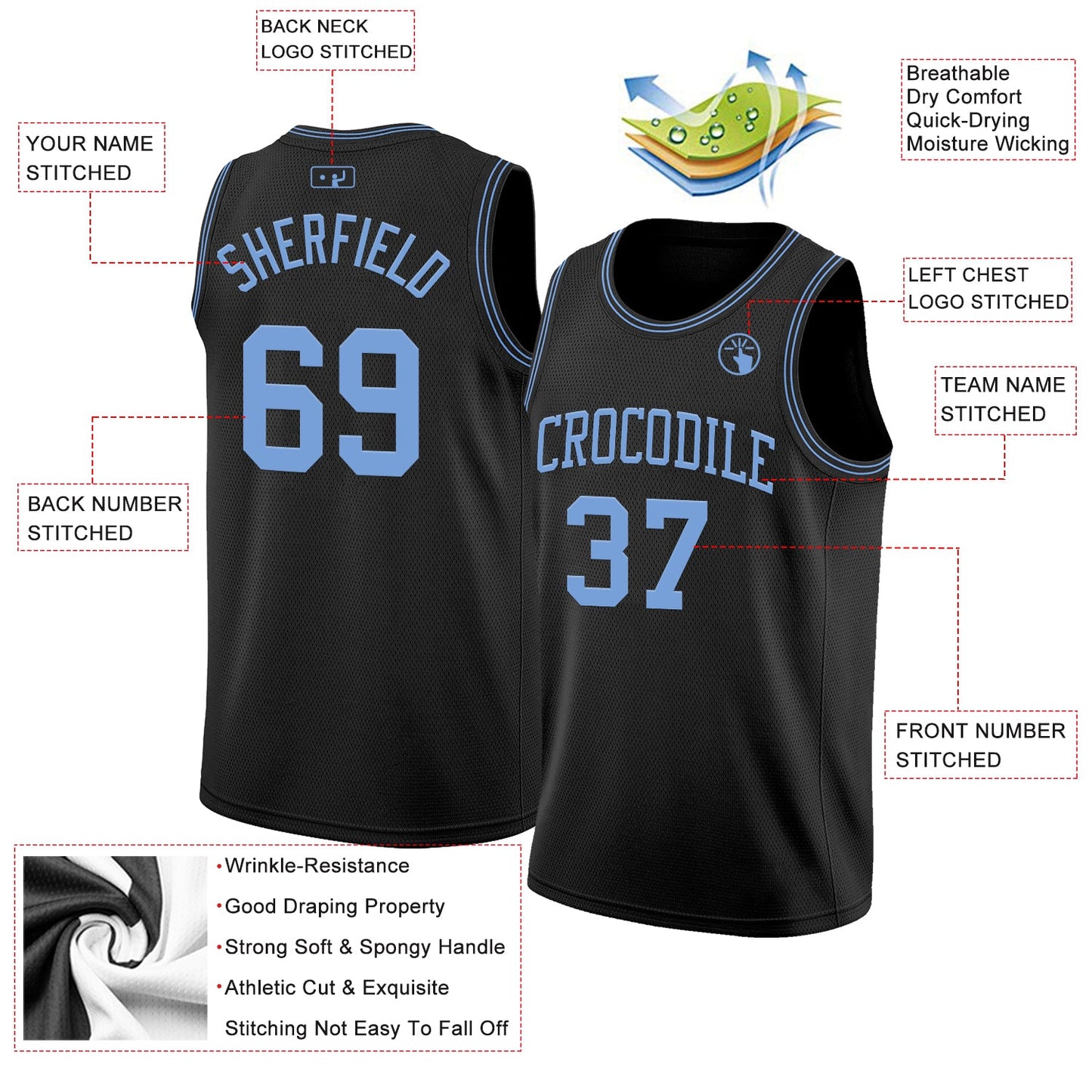 Custom Black Light Blue Authentic Basketball Jersey view 2