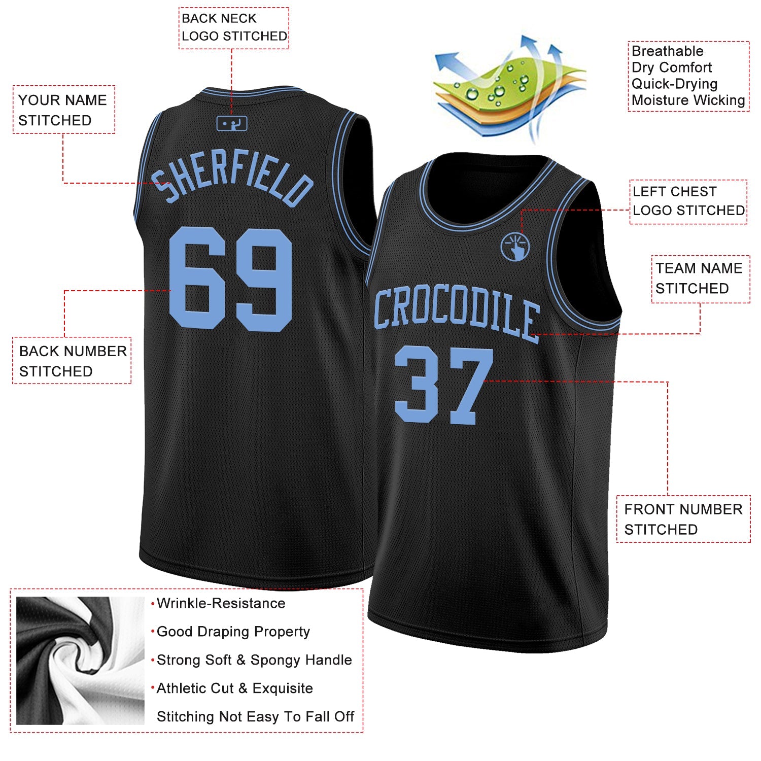 Custom Black Light Blue Authentic Basketball Jersey view 2