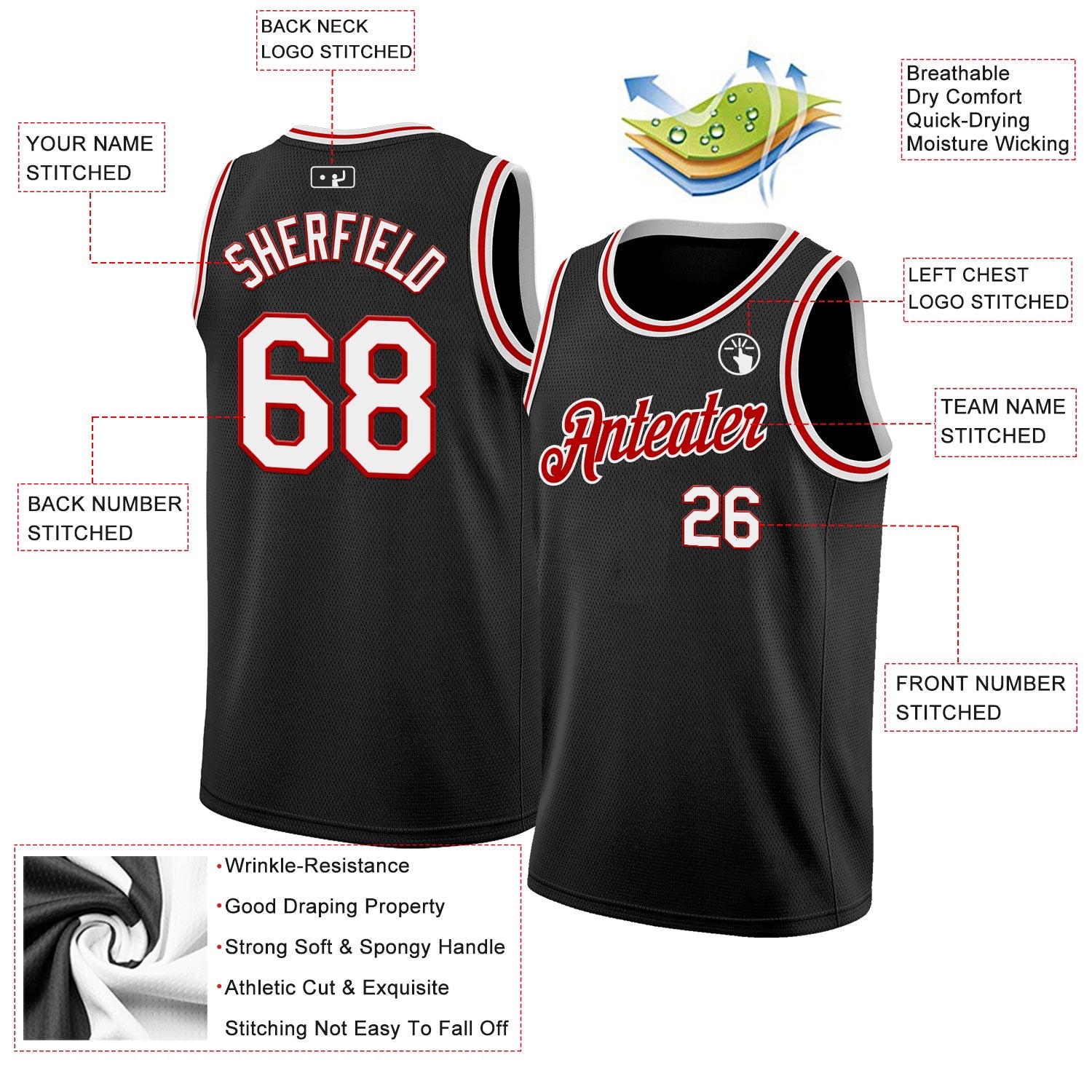 Custom Black White-Red Authentic Basketball Jersey view 2