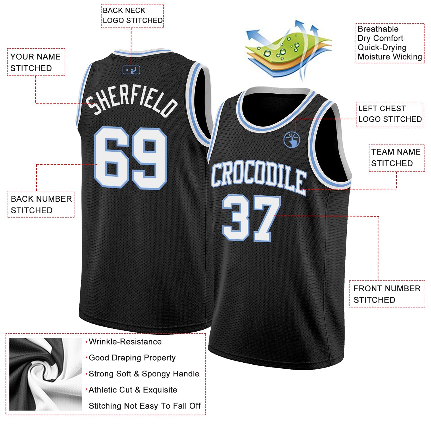 Custom Black White-Light Blue Authentic Basketball Jersey view 2