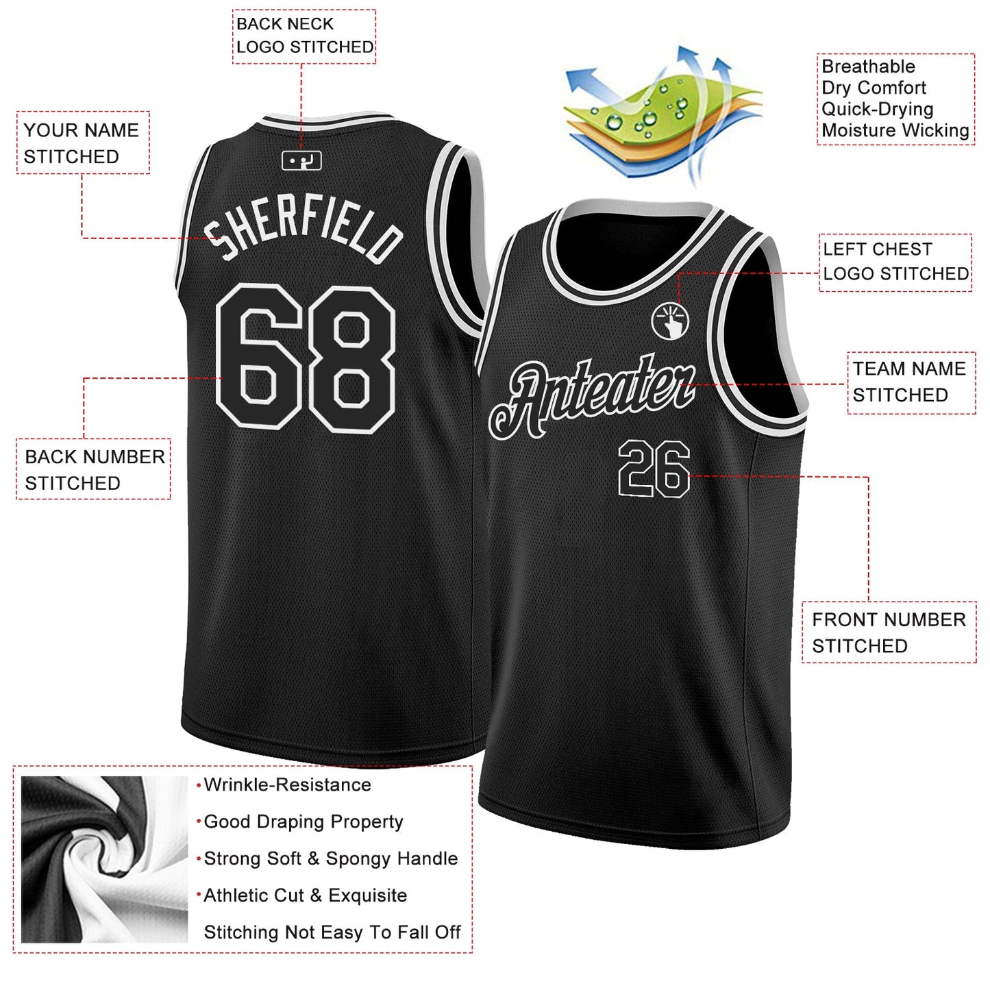 Custom Black White Authentic Basketball Jersey view 2