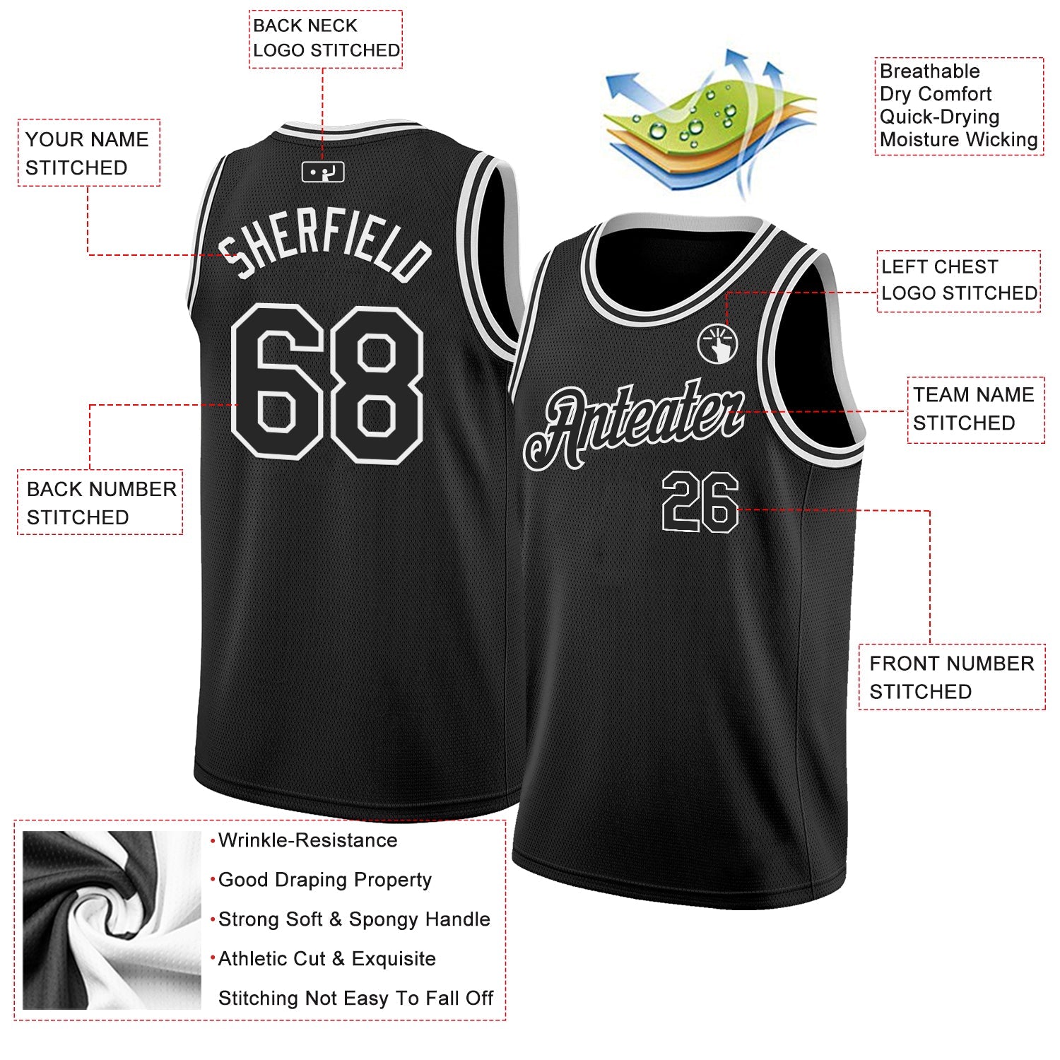 Custom Black White Authentic Basketball Jersey view 2