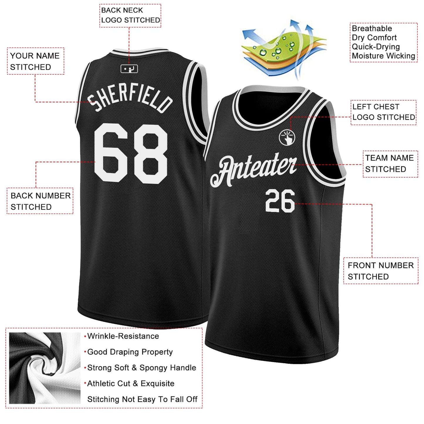 Custom Black White Authentic Basketball Jersey view 2