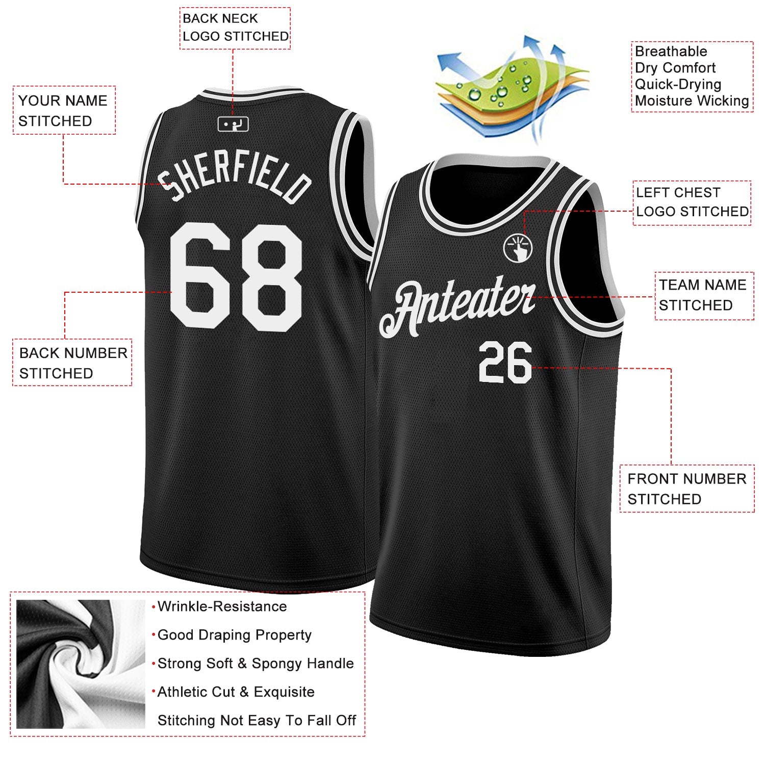 Custom Black White Authentic Basketball Jersey view 2