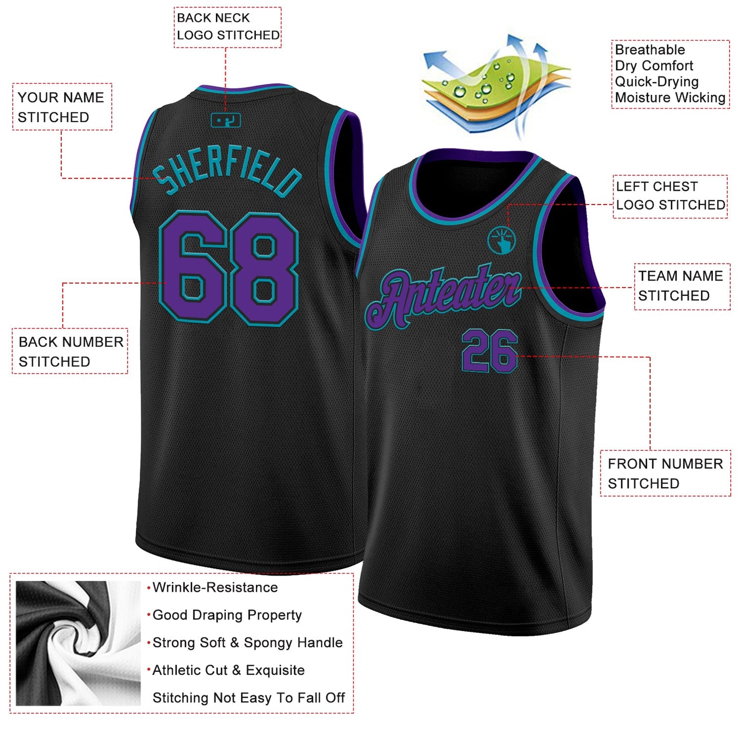 Custom Black Purple-Teal Authentic Basketball Jersey view 2