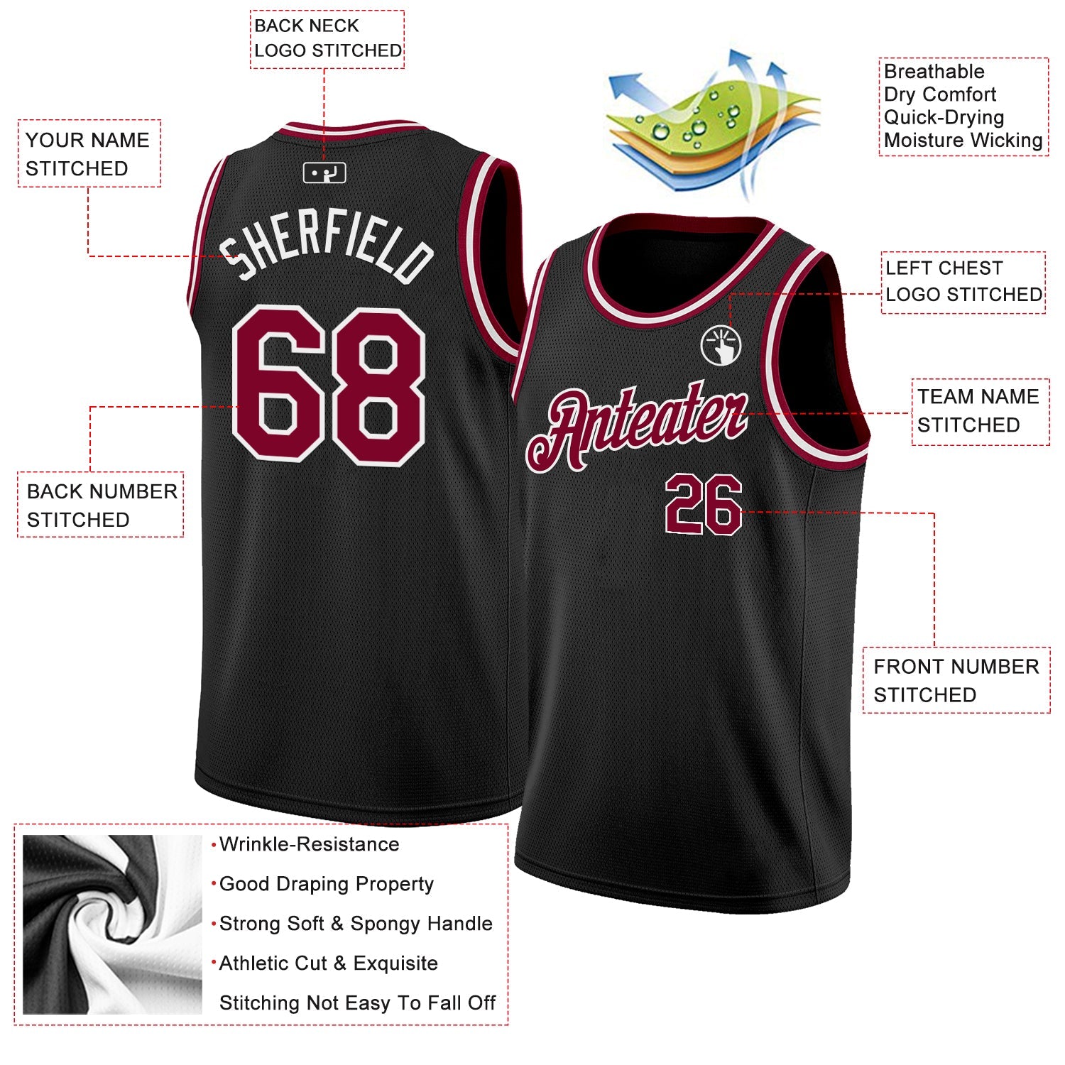 Custom Black Maroon-White Authentic Basketball Jersey view 2