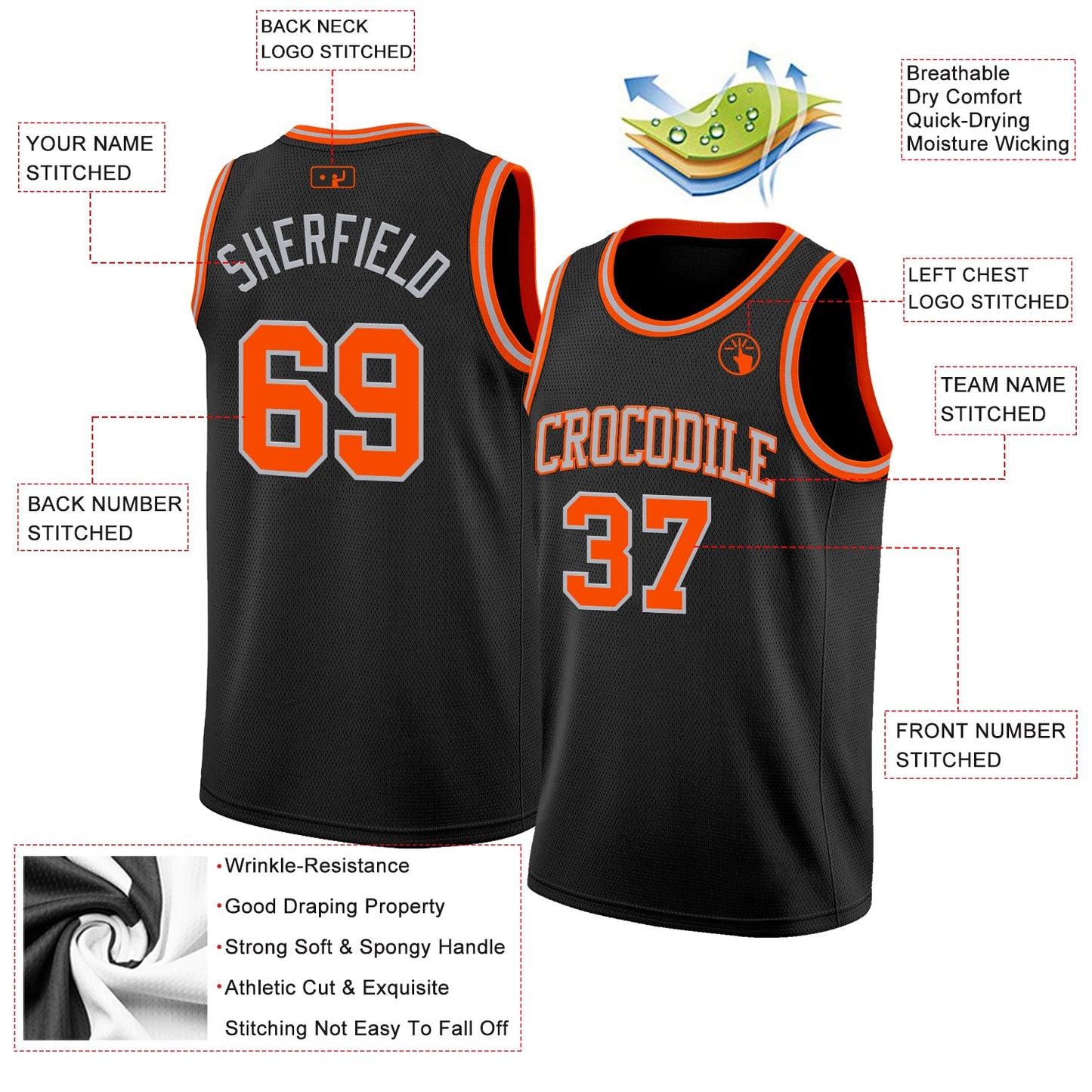 Custom Black Orange-Gray Authentic Basketball Jersey view 2