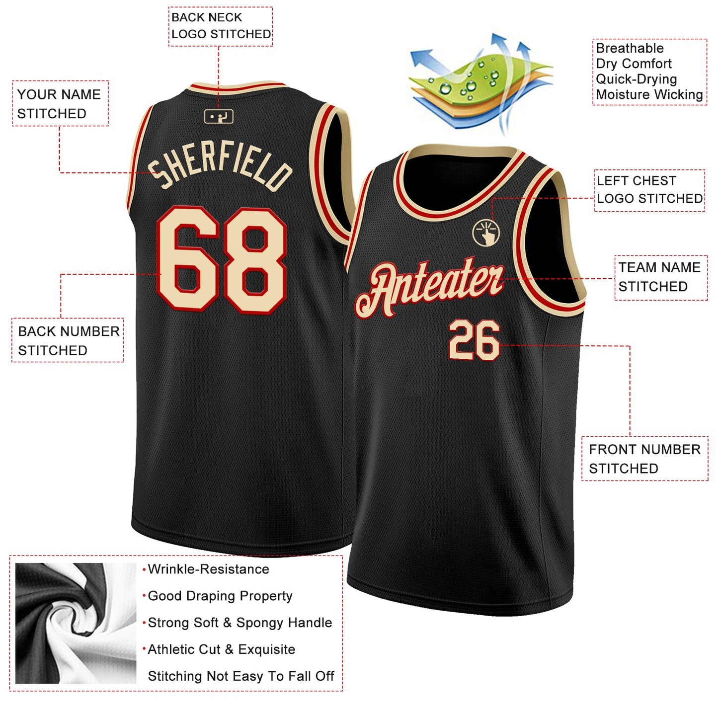 Custom Black Cream-Red Authentic Basketball Jersey view 2