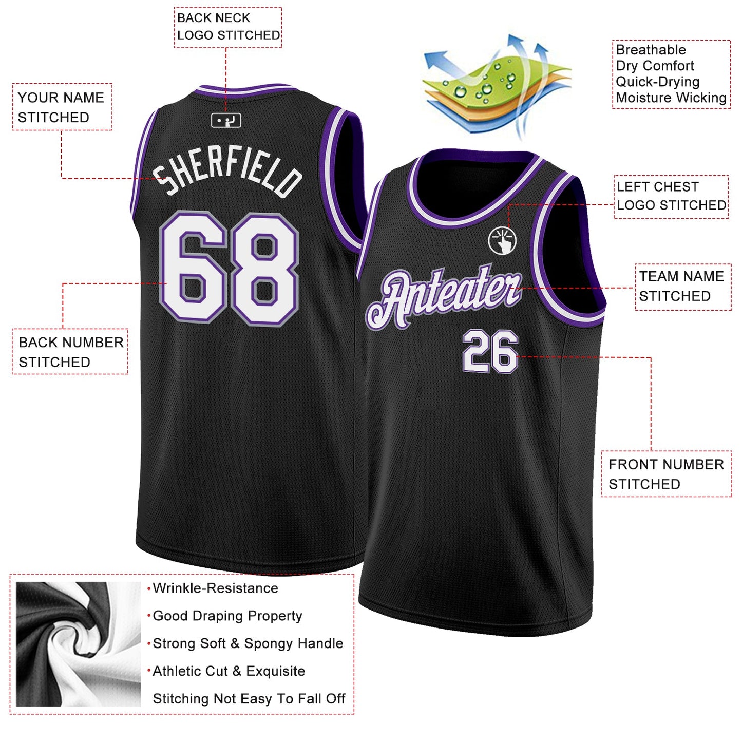 Custom Black White Purple-Gray Authentic Basketball Jersey view 2