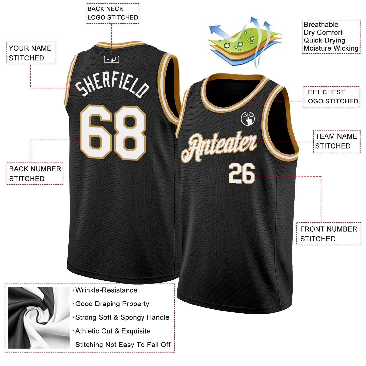Custom Black White-Old Gold Authentic Basketball Jersey view 2