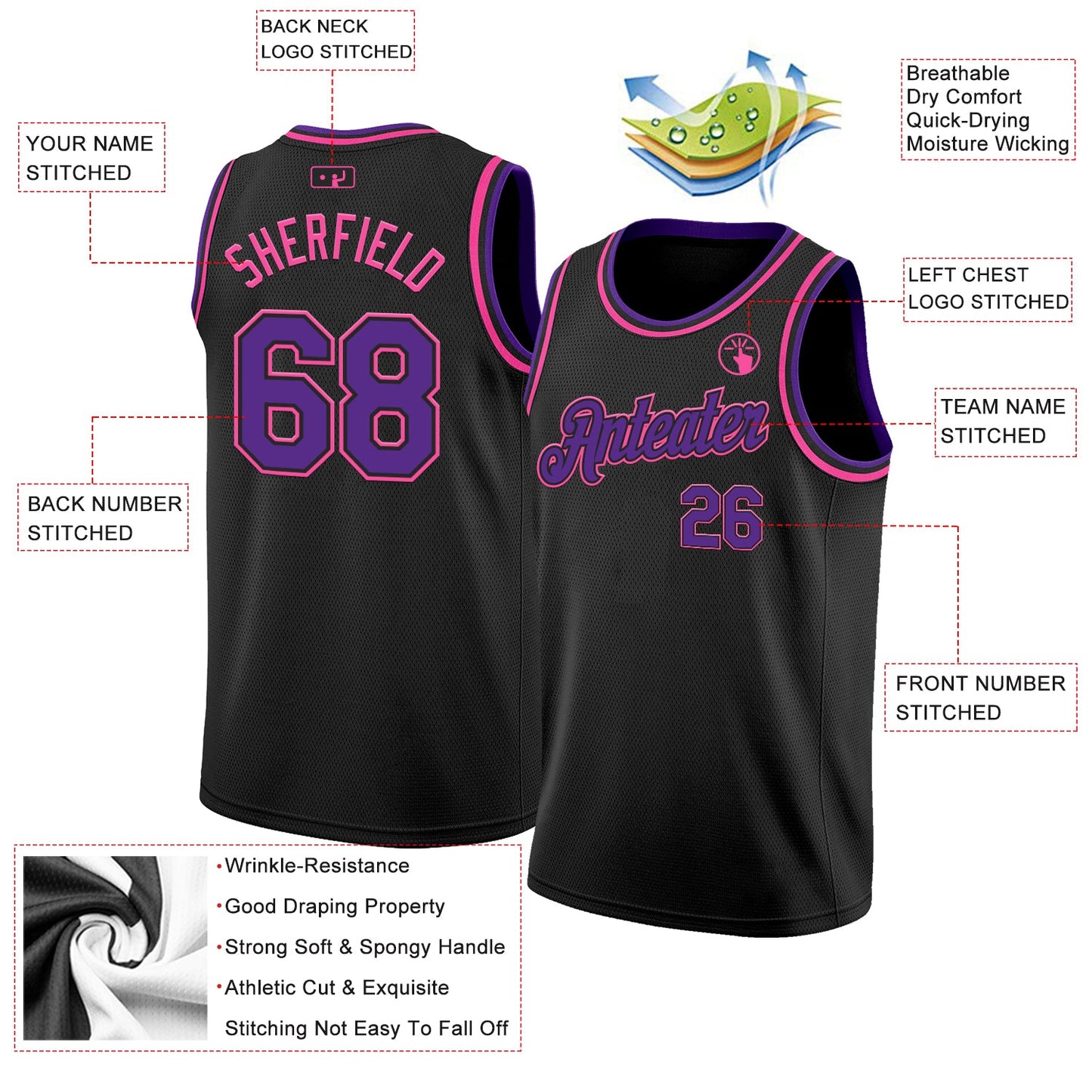 Custom Black Purple-Pink Authentic Basketball Jersey view 2