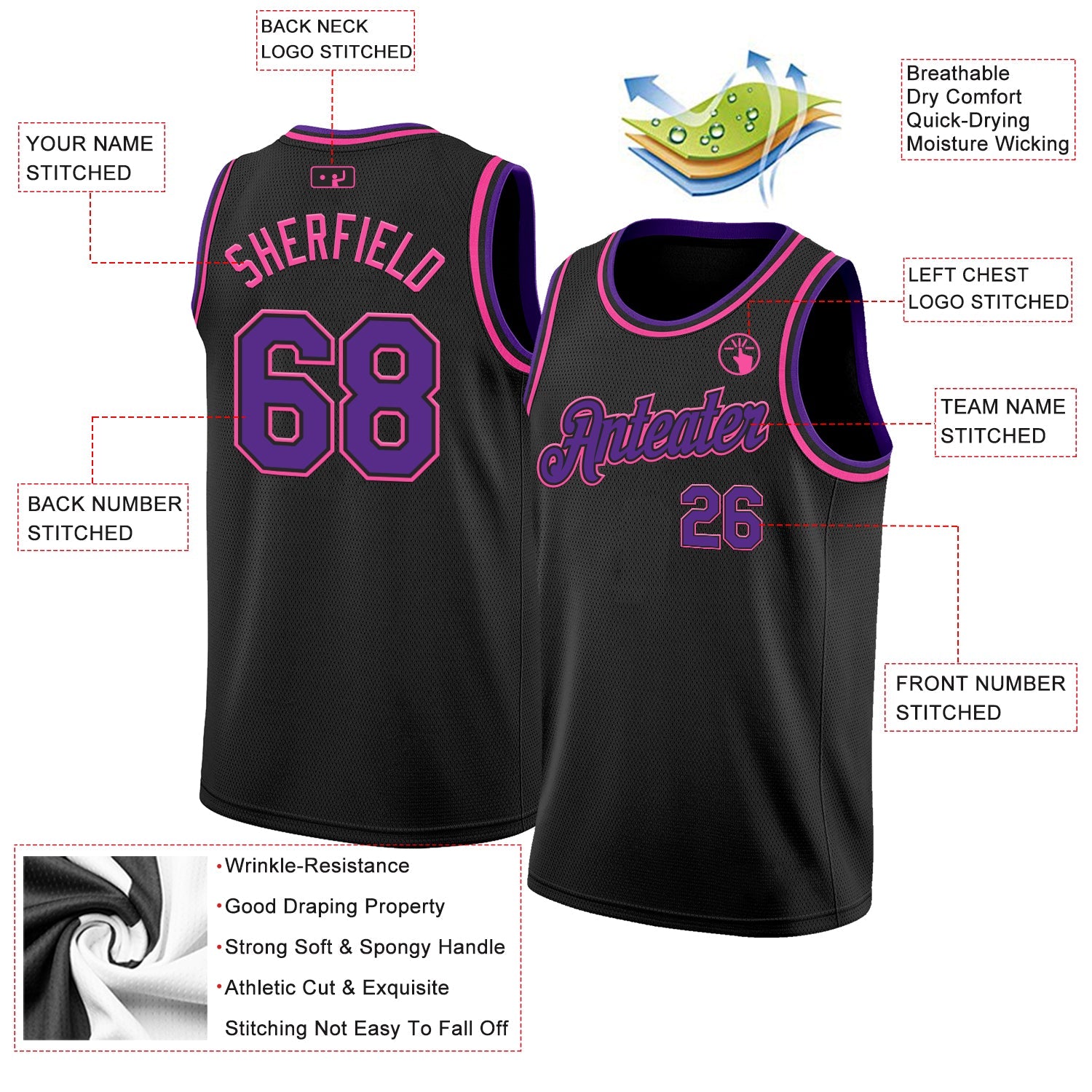Custom Black Purple-Pink Authentic Basketball Jersey view 2