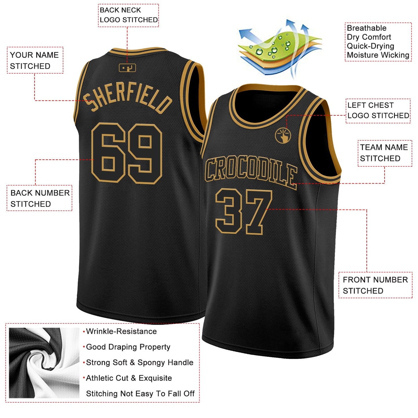 Custom Black Old Gold Authentic Basketball Jersey view 2