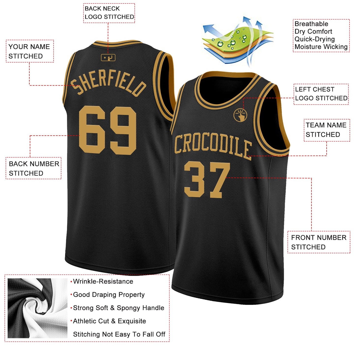 Custom Black Old Gold Authentic Basketball Jersey view 2
