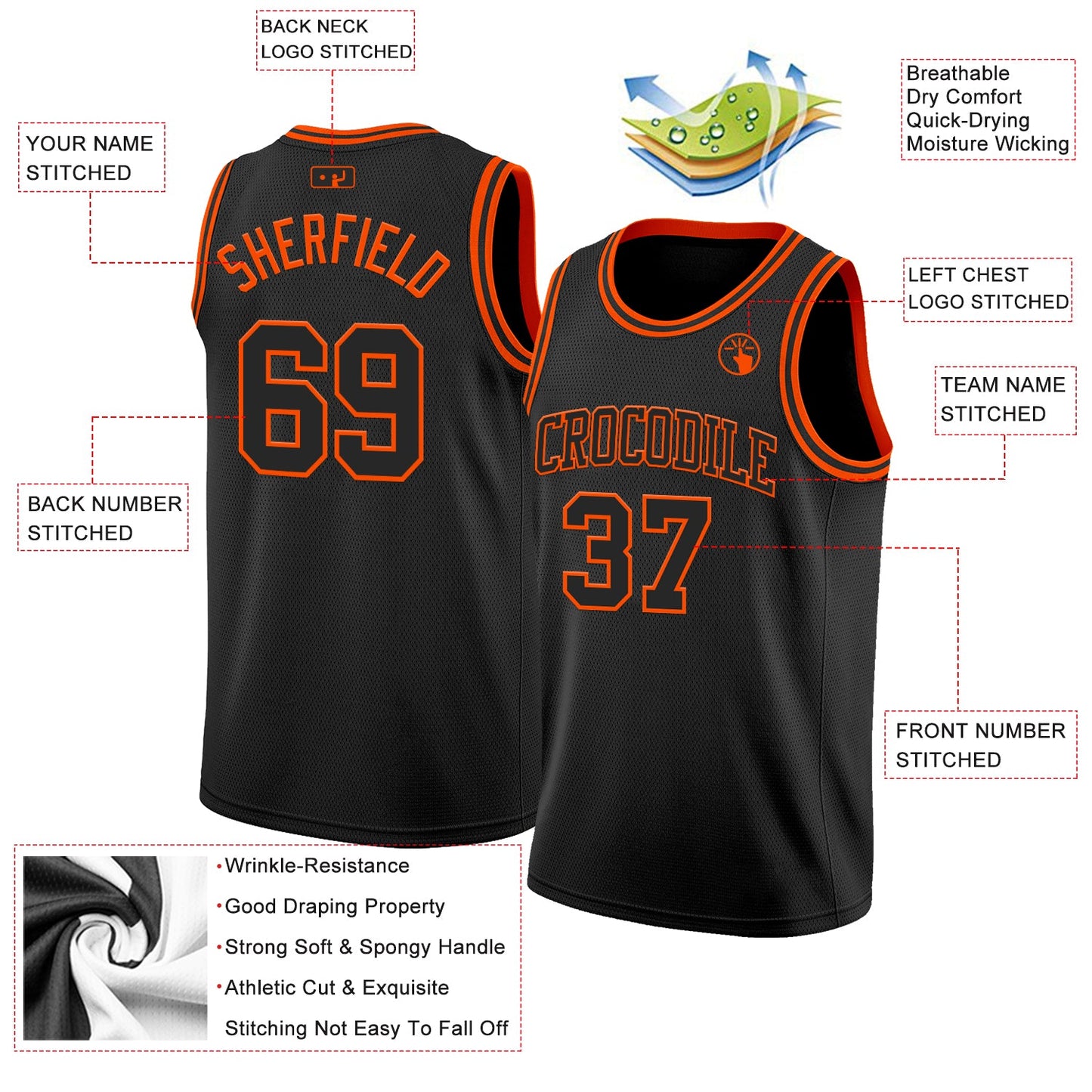 Custom Black Orange Authentic Basketball Jersey view 2