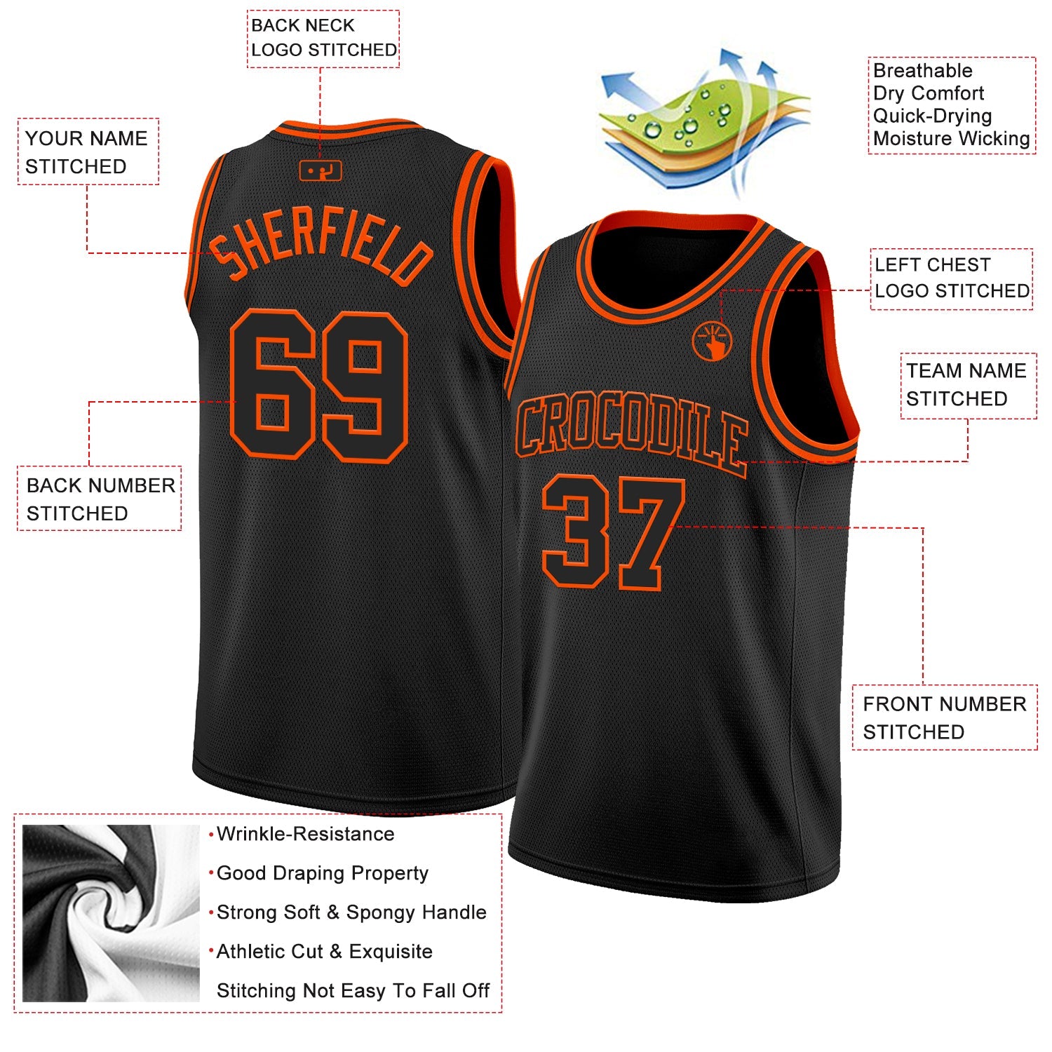 Custom Black Orange Authentic Basketball Jersey view 2