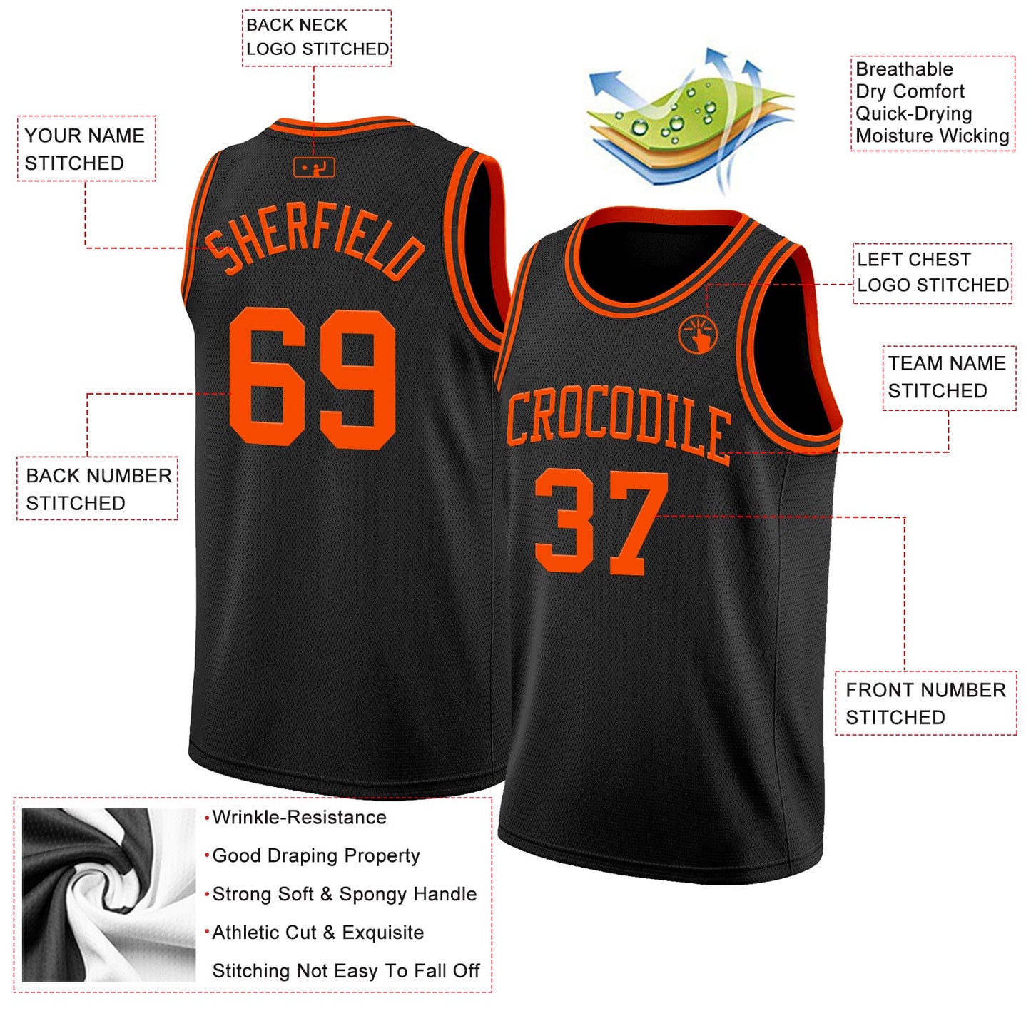 Custom Black Orange Authentic Basketball Jersey view 2
