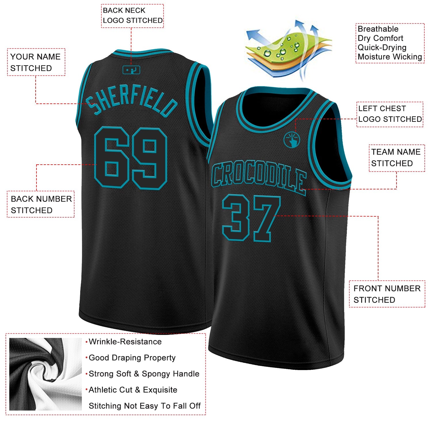 Custom Black Teal Authentic Basketball Jersey view 2