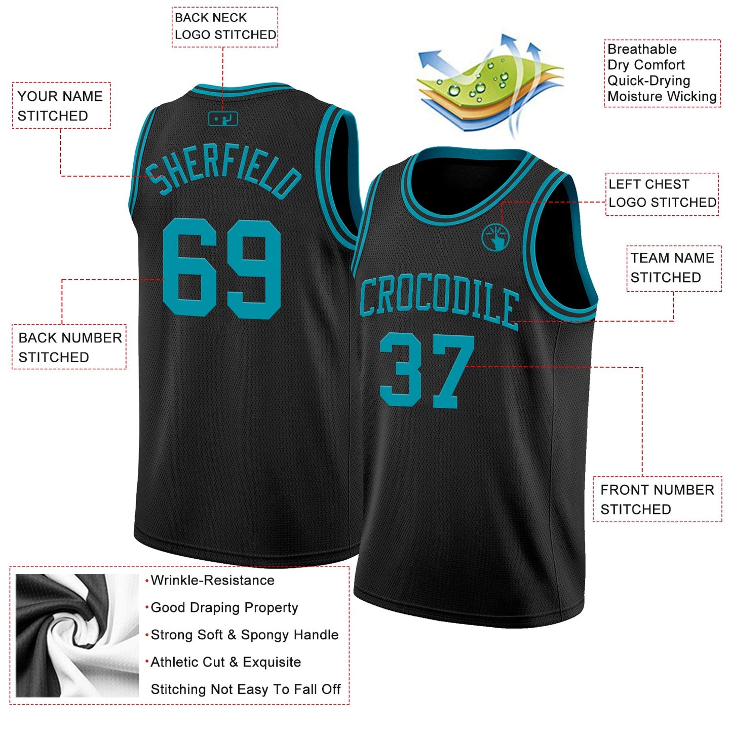 Custom Black Teal Authentic Basketball Jersey view 2