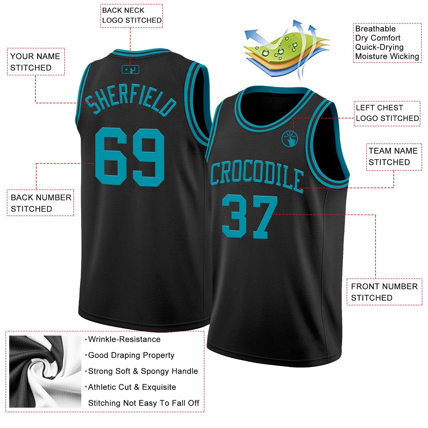 Custom Black Teal Authentic Basketball Jersey view 2