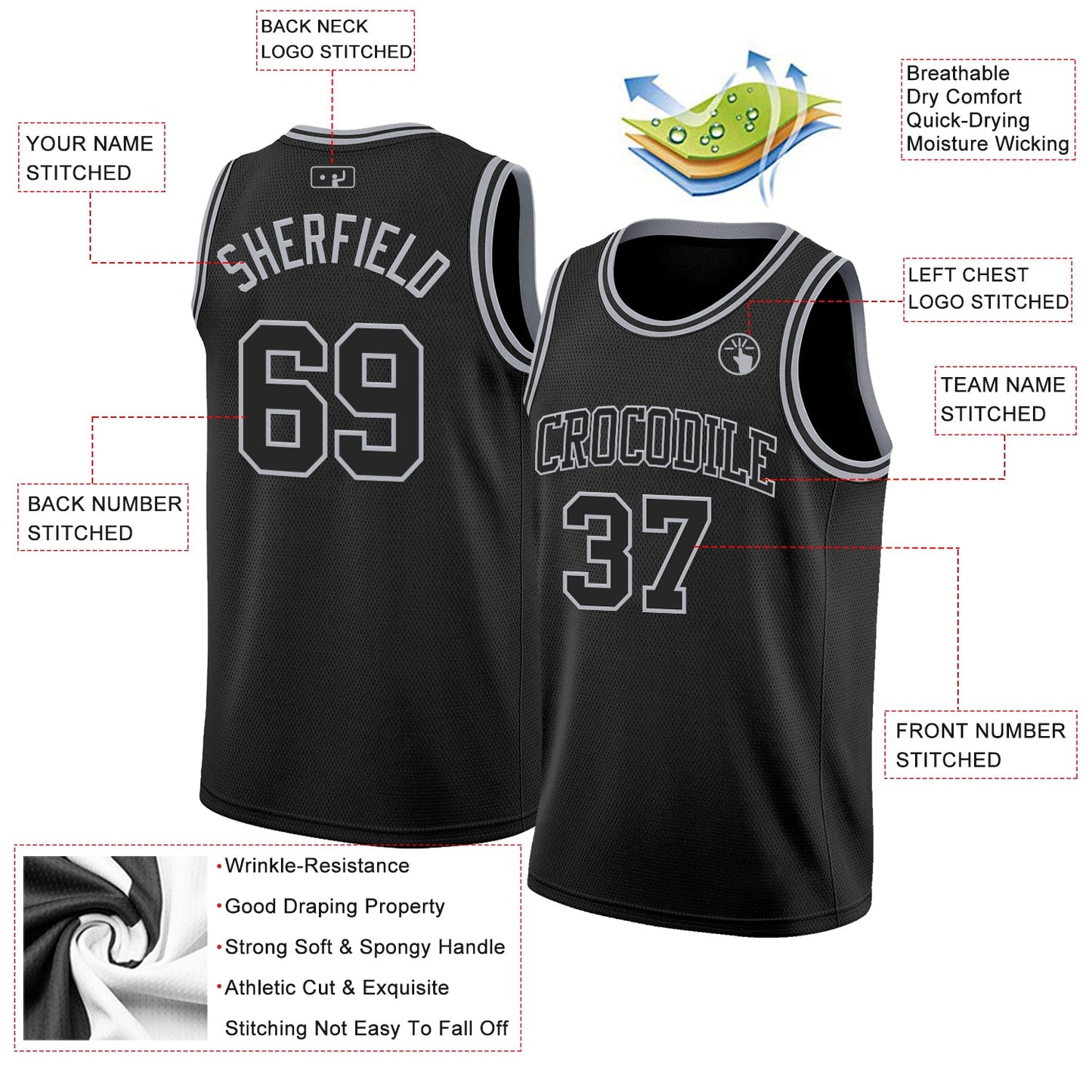 Custom Black Gray Authentic Basketball Jersey view 2