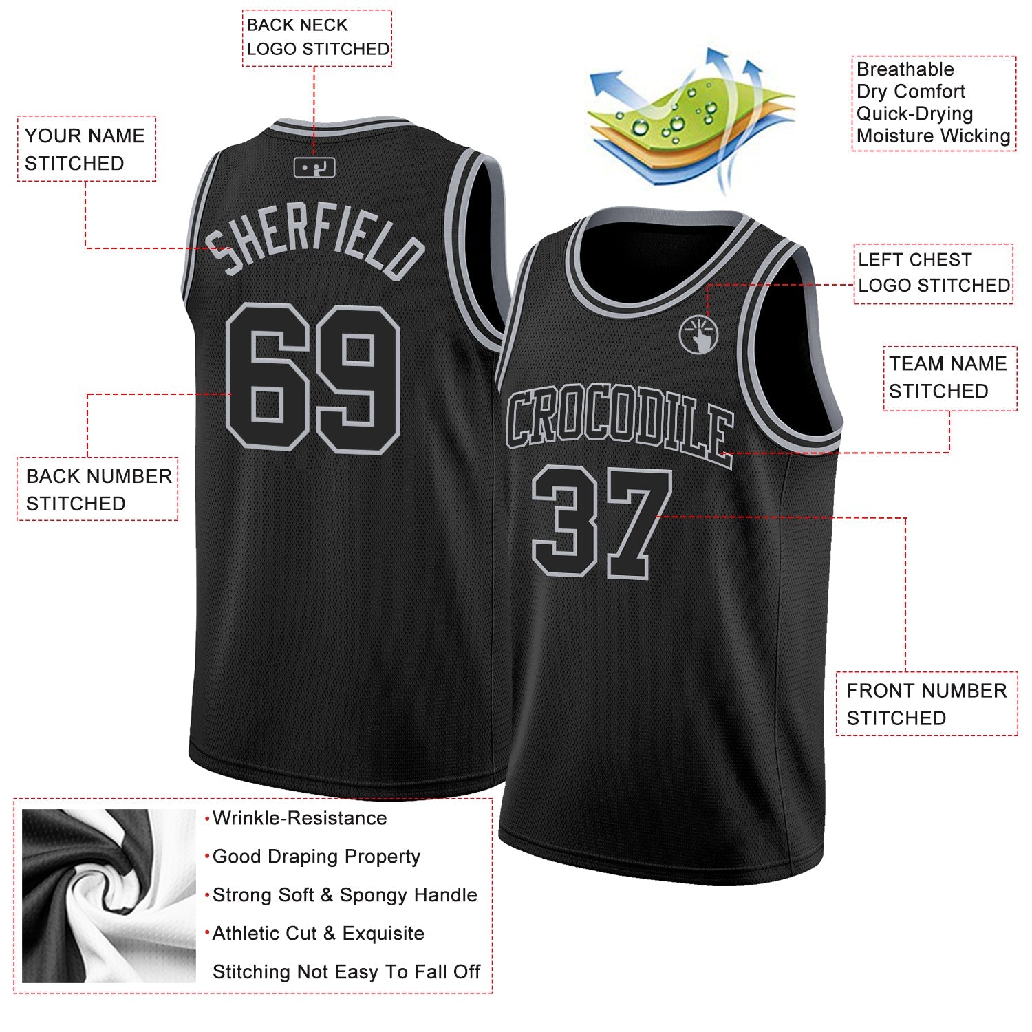 Custom Black Gray Authentic Basketball Jersey view 2