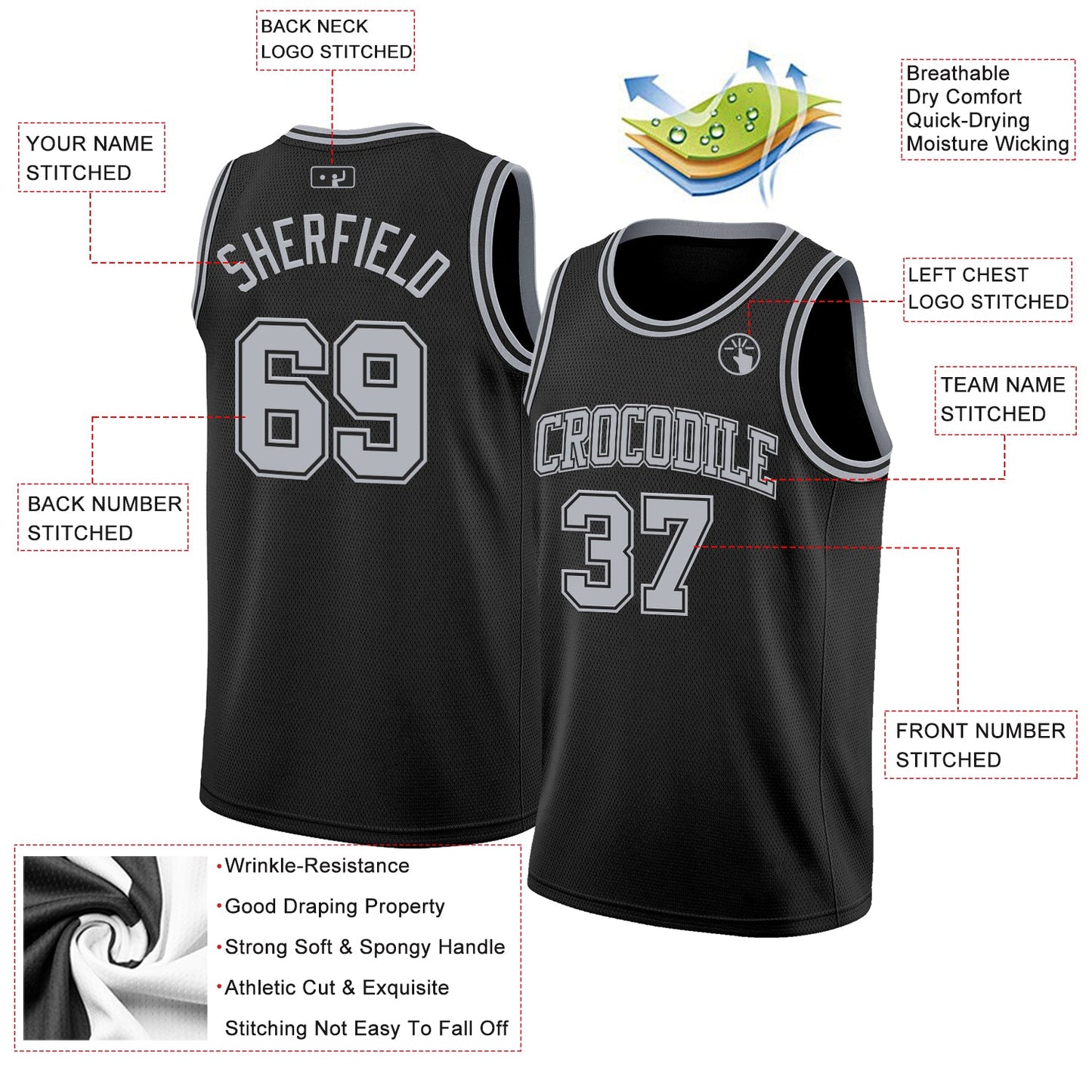 Custom Black Gray Authentic Basketball Jersey view 2