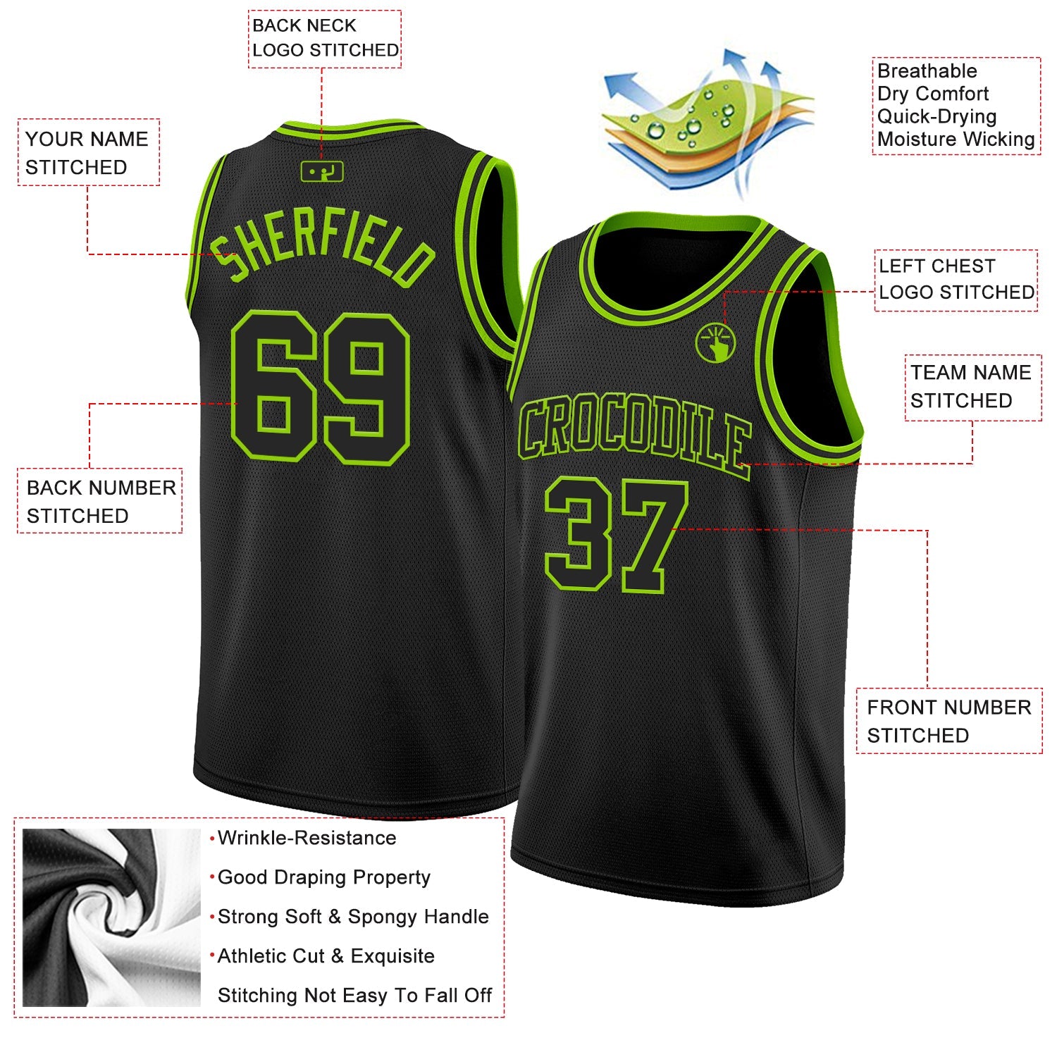 Custom Black Neon Green Authentic Basketball Jersey view 2