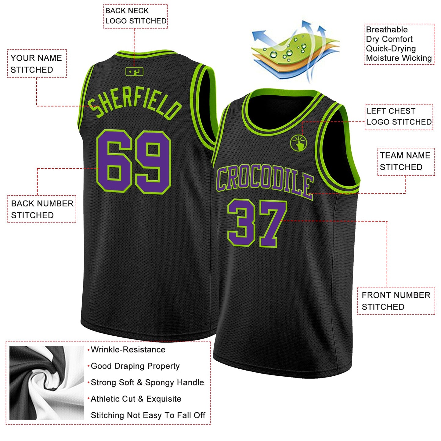 Custom Black Purple-Neon Green Authentic Basketball Jersey view 2