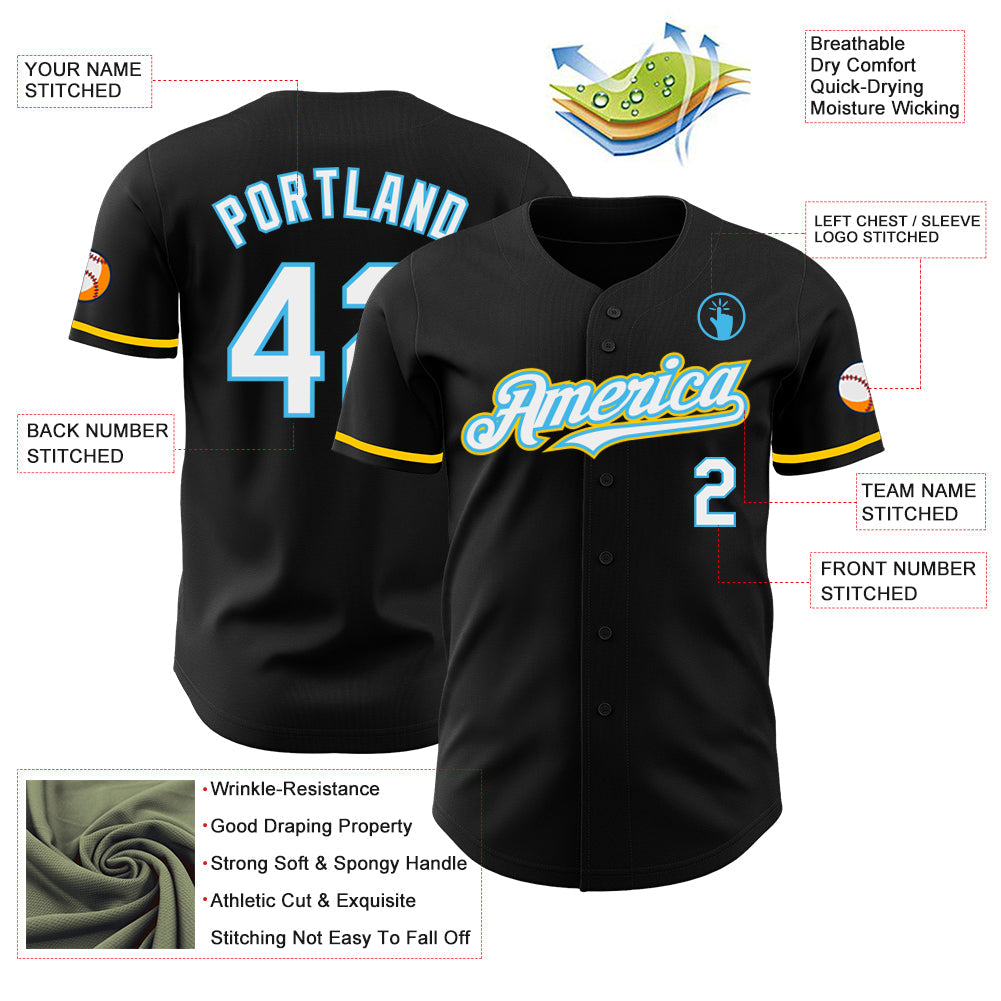 Custom Black White Sky Blue-Yellow Authentic Baseball Jersey view 3