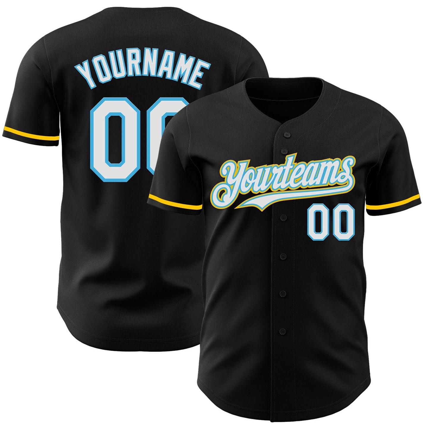 Custom Black White Sky Blue-Yellow Authentic Baseball Jersey - Main View