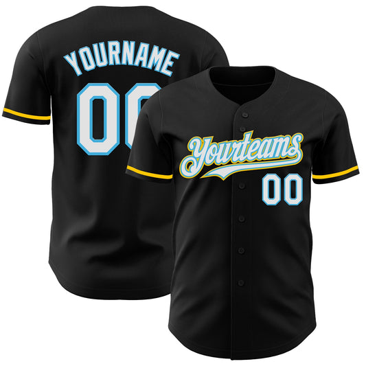 Custom Black White Sky Blue-Yellow Authentic Baseball Jersey - Main View