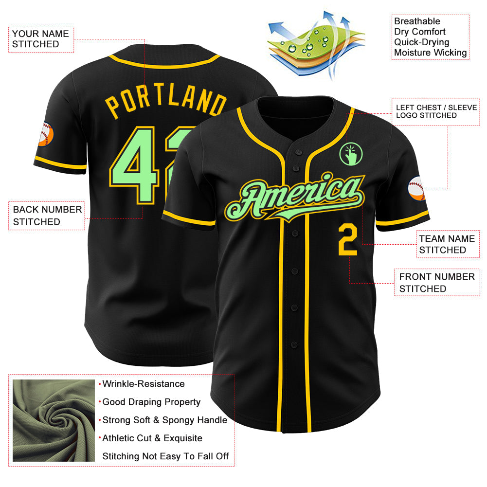 Custom Black Pea Green-Yellow Authentic Baseball Jersey view 3