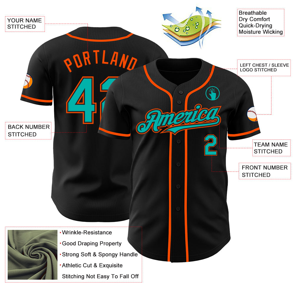 Custom Black Aqua-Orange Authentic Baseball Jersey view 3